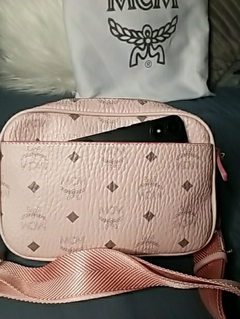 MCM Pale Pink Logo Crossbody Camera Bag with Gold Plaque - Picture 6 of 13